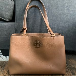 Tory Burch Camel Tan McGraw Pebble Leather Triple Compartment Tote (tiramisu)